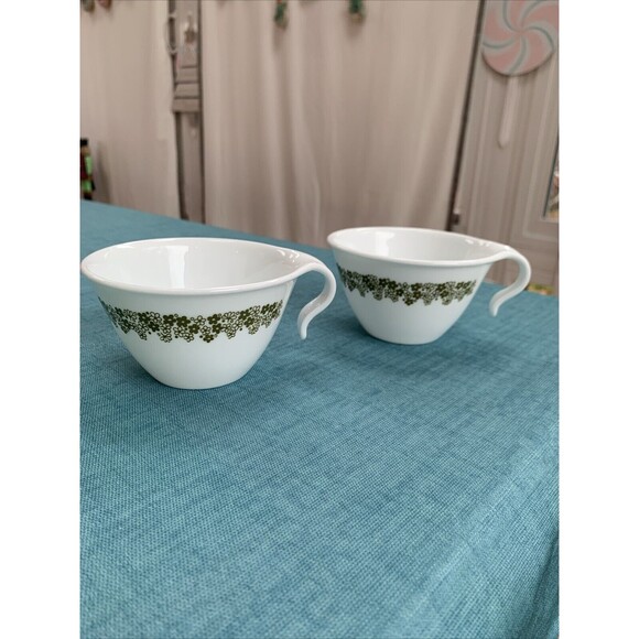 2 Corelle Spring Blossom Crazy Daisy Green Coffee Tea Mugs Hooked Handle Vtg - Picture 1 of 8